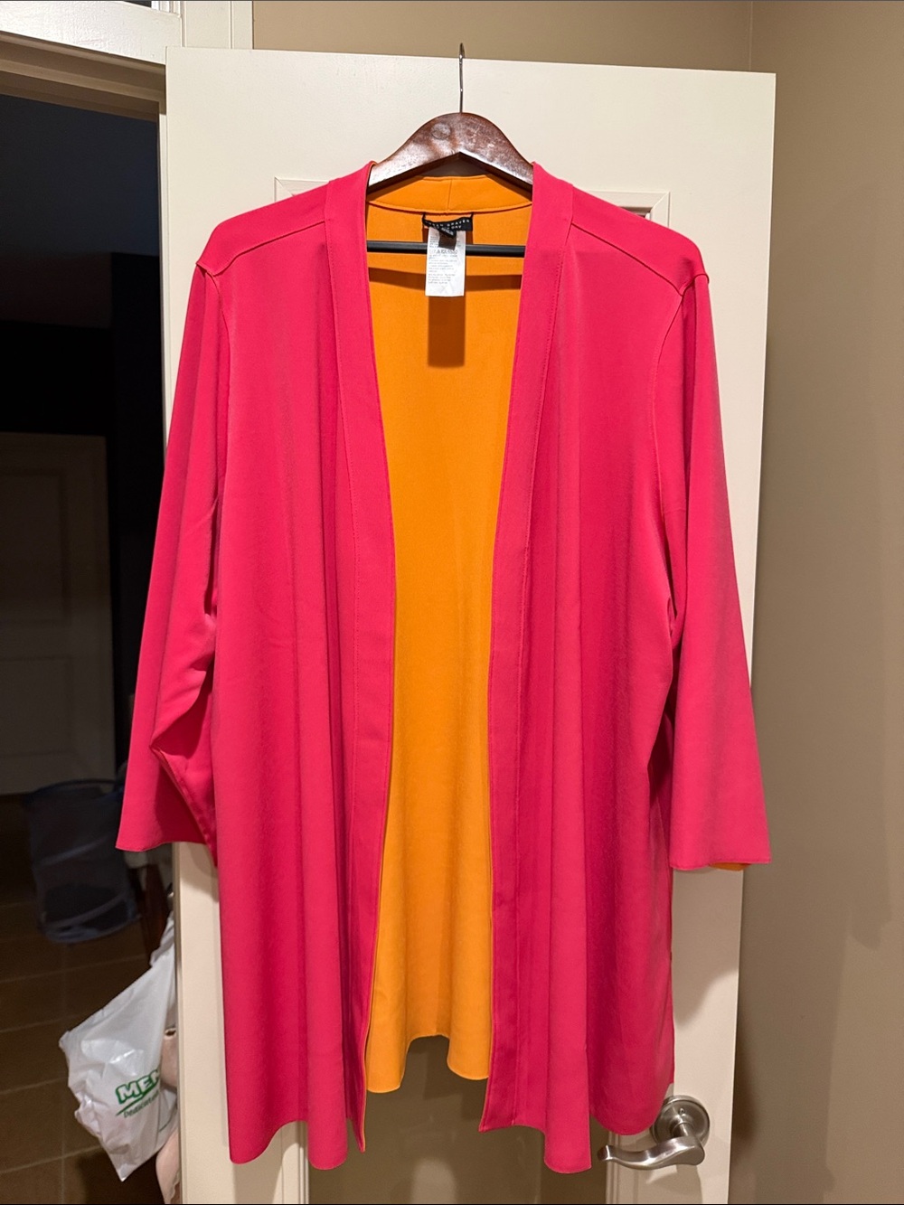 Susan Graver Pink Open-Front Jacket with Orange Lining